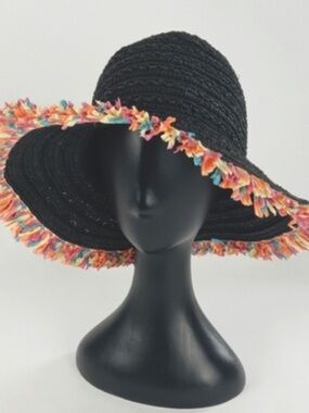 Betsey Johnson one size woman's Black Straw Sun Hat with Multicolor Fringe